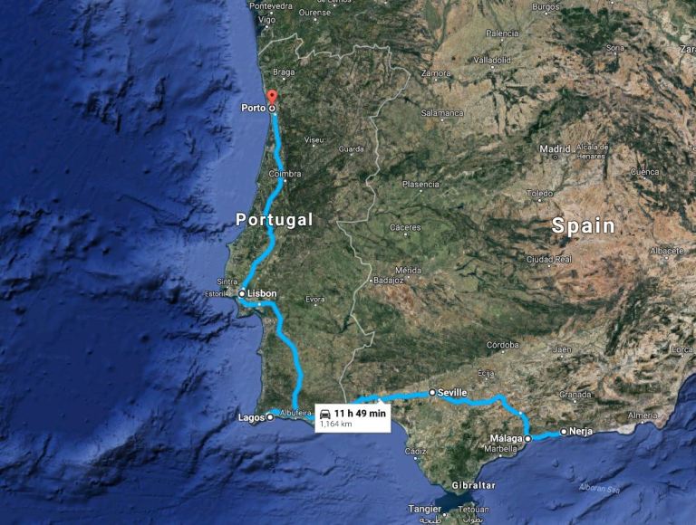 Malaga to Porto map