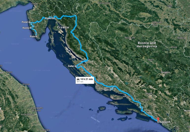 Pula to Dubrovnik map